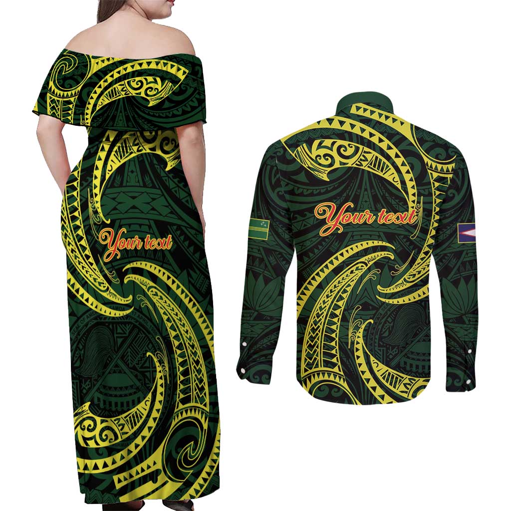 American Samoa Manua Cession Day Personalized Couples Matching Off Shoulder Maxi Dress and Long Sleeve Button Shirt Polynesian Wave Style