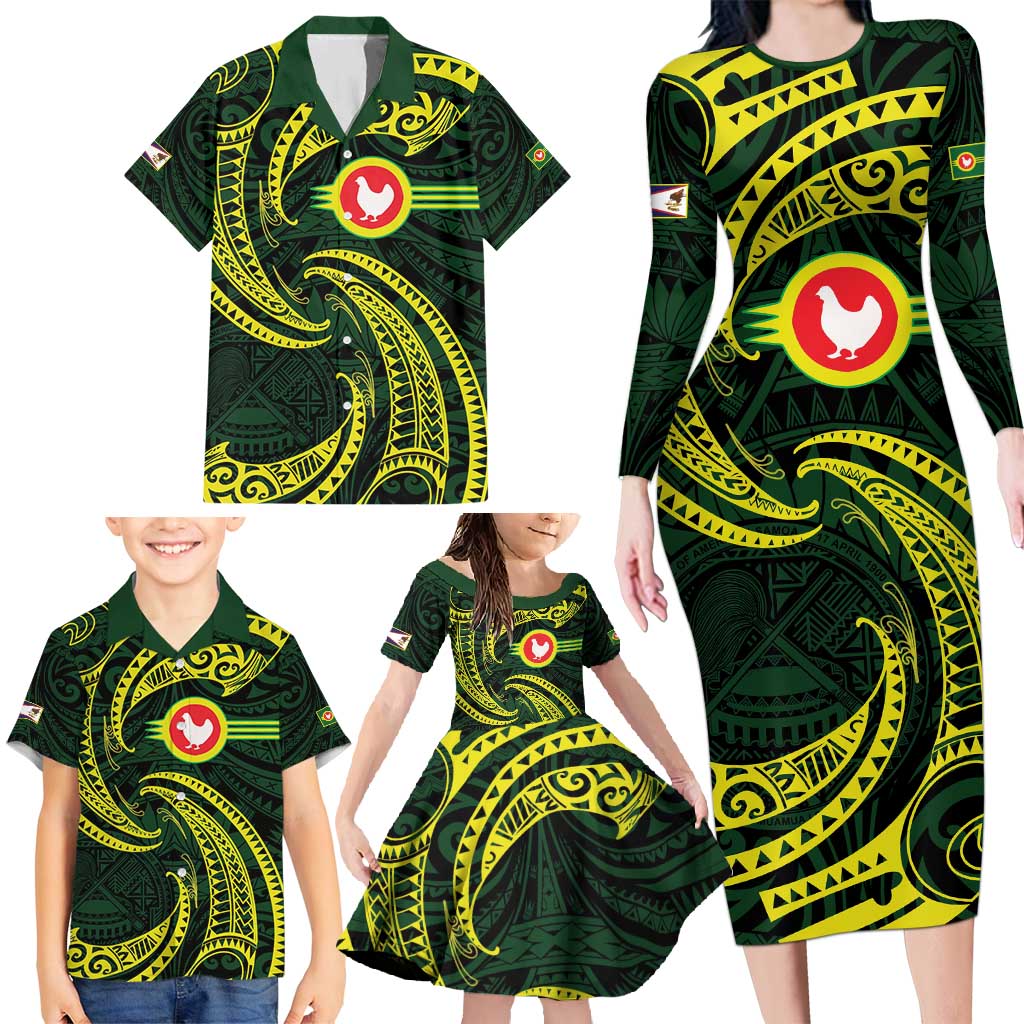 American Samoa Manua Cession Day Personalized Family Matching Long Sleeve Bodycon Dress and Hawaiian Shirt Polynesian Wave Style