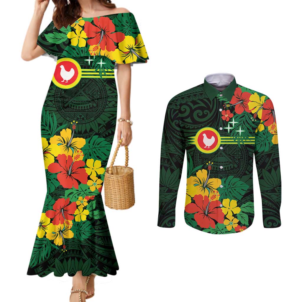 American Samoa Manu'atele Personalized Couples Matching Mermaid Dress and Long Sleeve Button Shirt Manua Island Hibiscus Flowers LT9 Green - Polynesian Pride