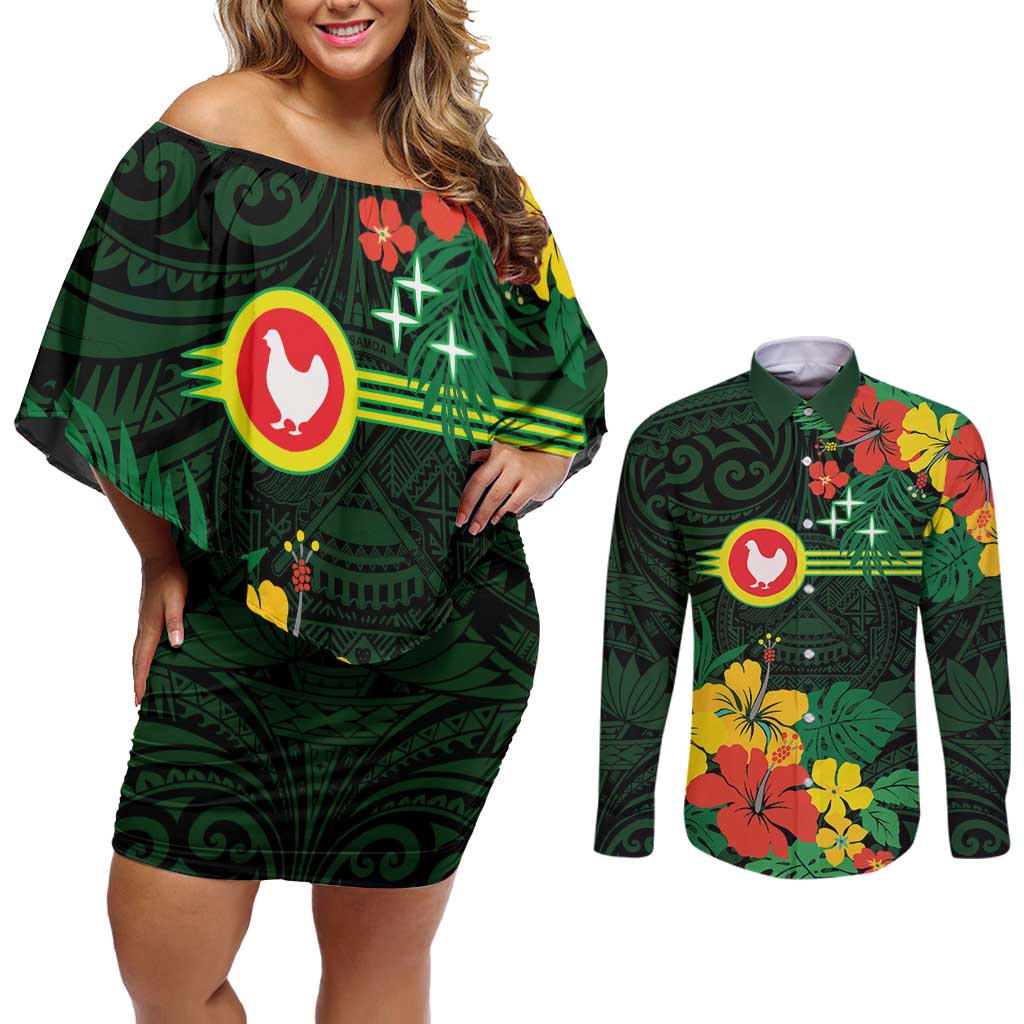 American Samoa Manu'atele Personalized Couples Matching Off Shoulder Short Dress and Long Sleeve Button Shirt Manua Island Hibiscus Flowers LT9 Green - Polynesian Pride