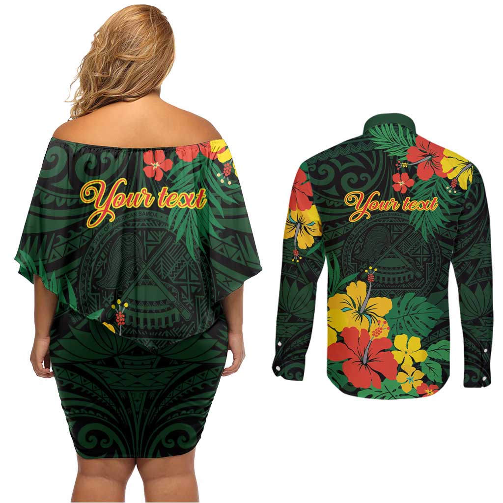 American Samoa Manu'atele Personalized Couples Matching Off Shoulder Short Dress and Long Sleeve Button Shirt Manua Island Hibiscus Flowers LT9 - Polynesian Pride