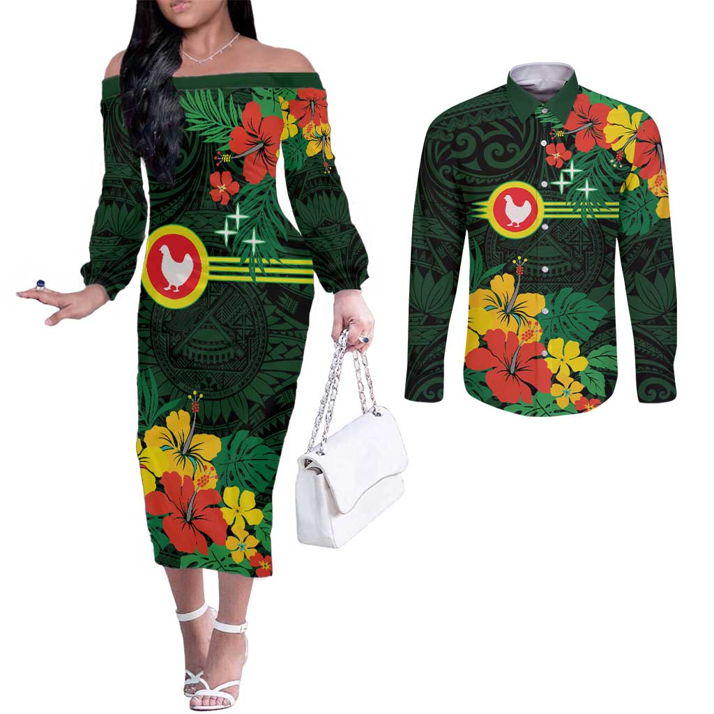 American Samoa Manu'atele Personalized Couples Matching Off The Shoulder Long Sleeve Dress and Long Sleeve Button Shirt Manua Island Hibiscus Flowers LT9 Green - Polynesian Pride