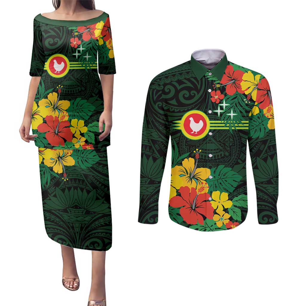 American Samoa Manu'atele Personalized Couples Matching Puletasi and Long Sleeve Button Shirt Manua Island Hibiscus Flowers LT9 Green - Polynesian Pride