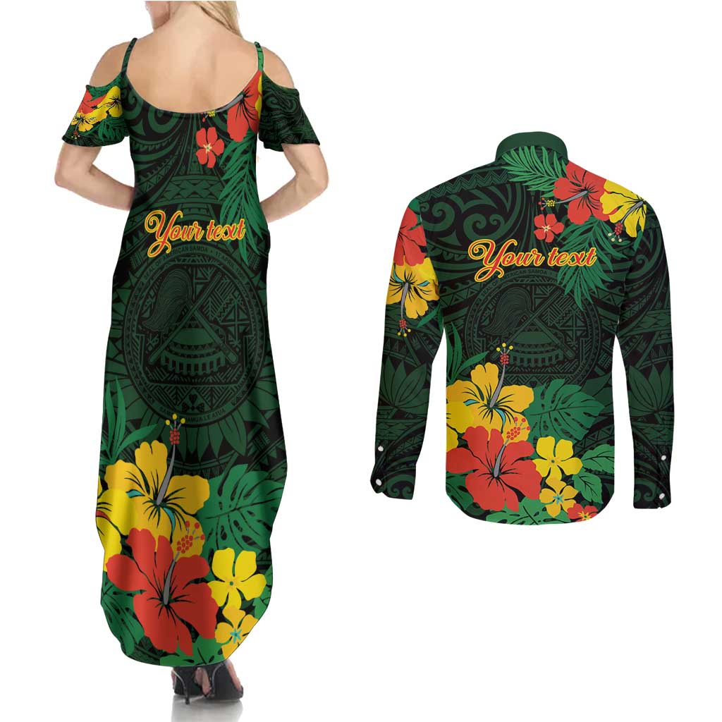 American Samoa Manu'atele Personalized Couples Matching Summer Maxi Dress and Long Sleeve Button Shirt Manua Island Hibiscus Flowers LT9 - Polynesian Pride