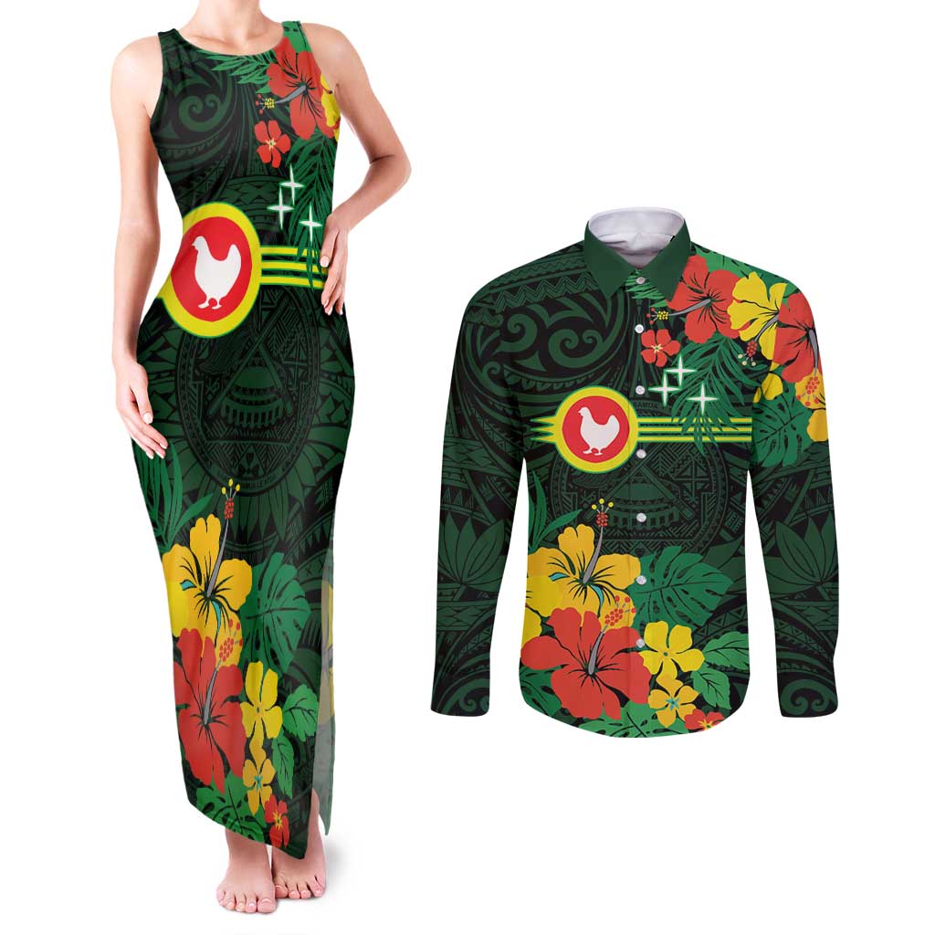 American Samoa Manu'atele Personalized Couples Matching Tank Maxi Dress and Long Sleeve Button Shirt Manua Island Hibiscus Flowers LT9 Green - Polynesian Pride