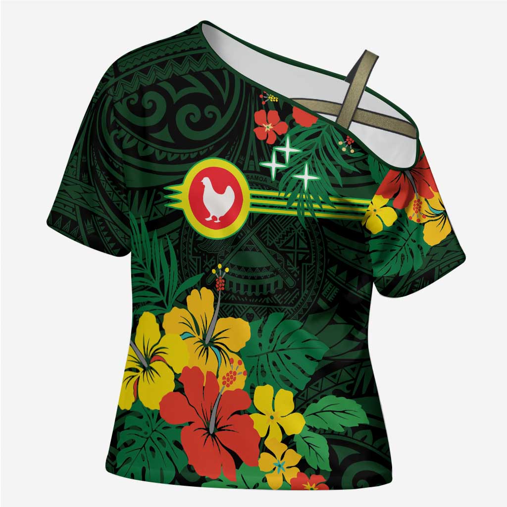 American Samoa Manu'atele Personalized Cross Shoulder Shirt Manua Island Hibiscus Flowers - Polynesian Pride