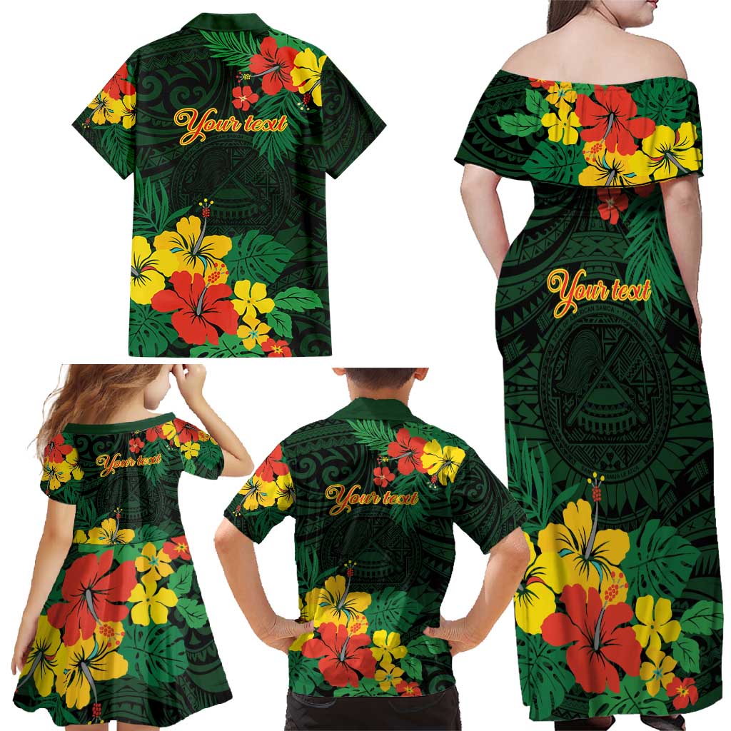 American Samoa Manu'atele Personalized Family Matching Off Shoulder Maxi Dress and Hawaiian Shirt Manua Island Hibiscus Flowers