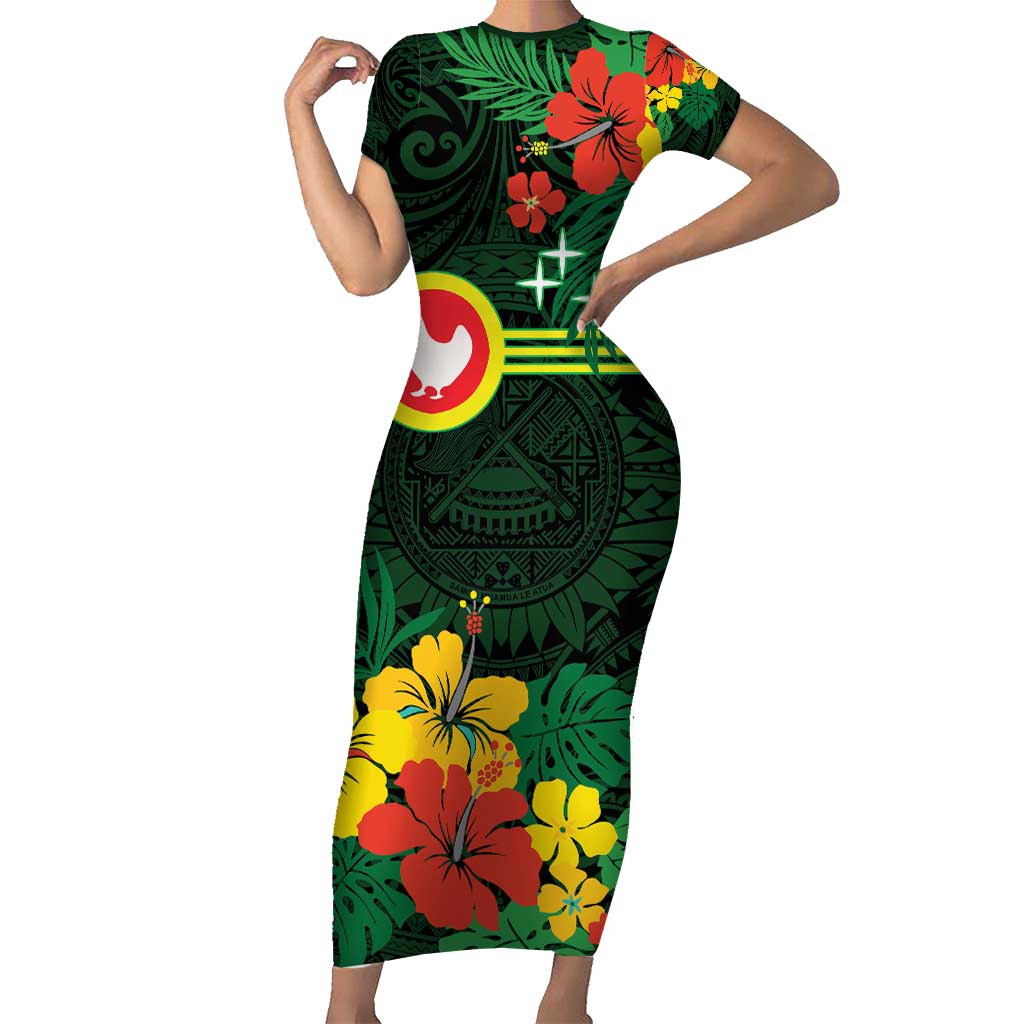 American Samoa Manu'atele Personalized Family Matching Short Sleeve Bodycon Dress and Hawaiian Shirt Manua Island Hibiscus Flowers