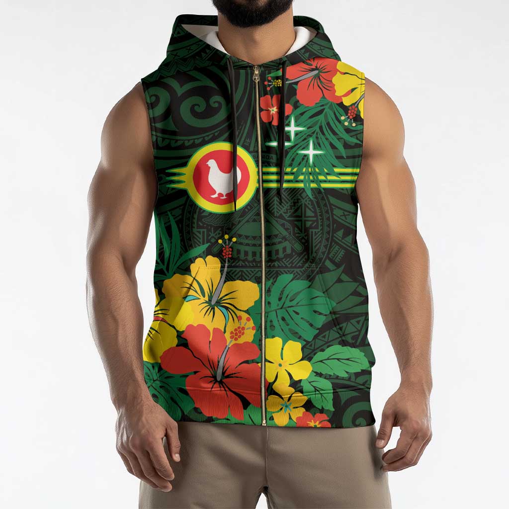 American Samoa Manu'atele Personalized Sleeveless Zip Hoodie Manua Island Hibiscus Flowers - Polynesian Pride