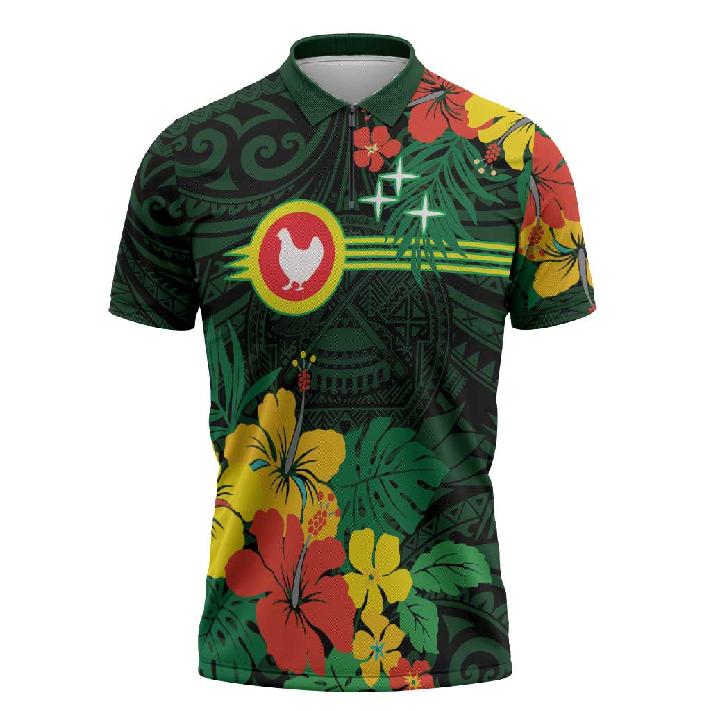 American Samoa Manu'atele Personalized Zipper Polo Shirt Manua Island Hibiscus Flowers - Polynesian Pride