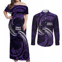 Manua Segaula American Samoa High School Personalized Couples Matching Off Shoulder Maxi Dress and Long Sleeve Button Shirt Polynesian Wave Style LT9 Purple - Polynesian Pride