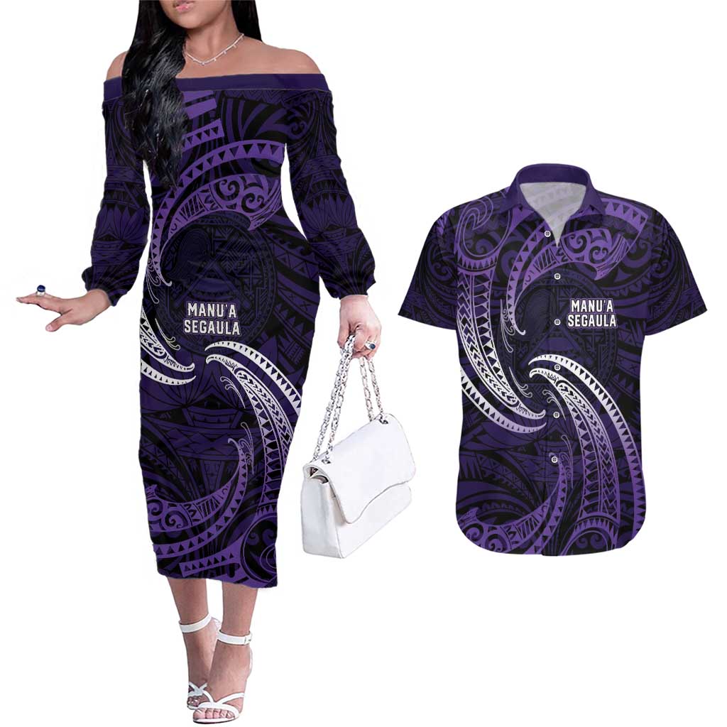 Manua Segaula American Samoa High School Personalized Couples Matching Off The Shoulder Long Sleeve Dress and Hawaiian Shirt Polynesian Wave Style