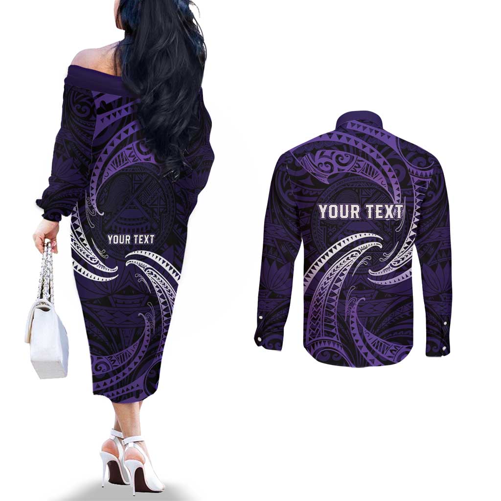 Manua Segaula American Samoa High School Personalized Couples Matching Off The Shoulder Long Sleeve Dress and Long Sleeve Button Shirt Polynesian Wave Style LT9 - Polynesian Pride