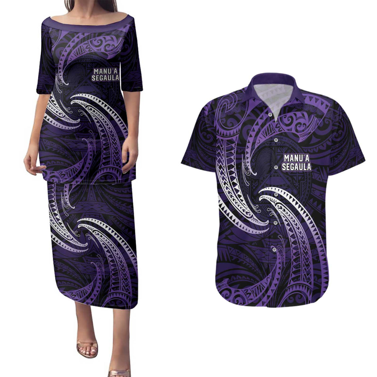 Manua Segaula American Samoa High School Personalized Couples Matching Puletasi and Hawaiian Shirt Polynesian Wave Style LT9 Purple - Polynesian Pride
