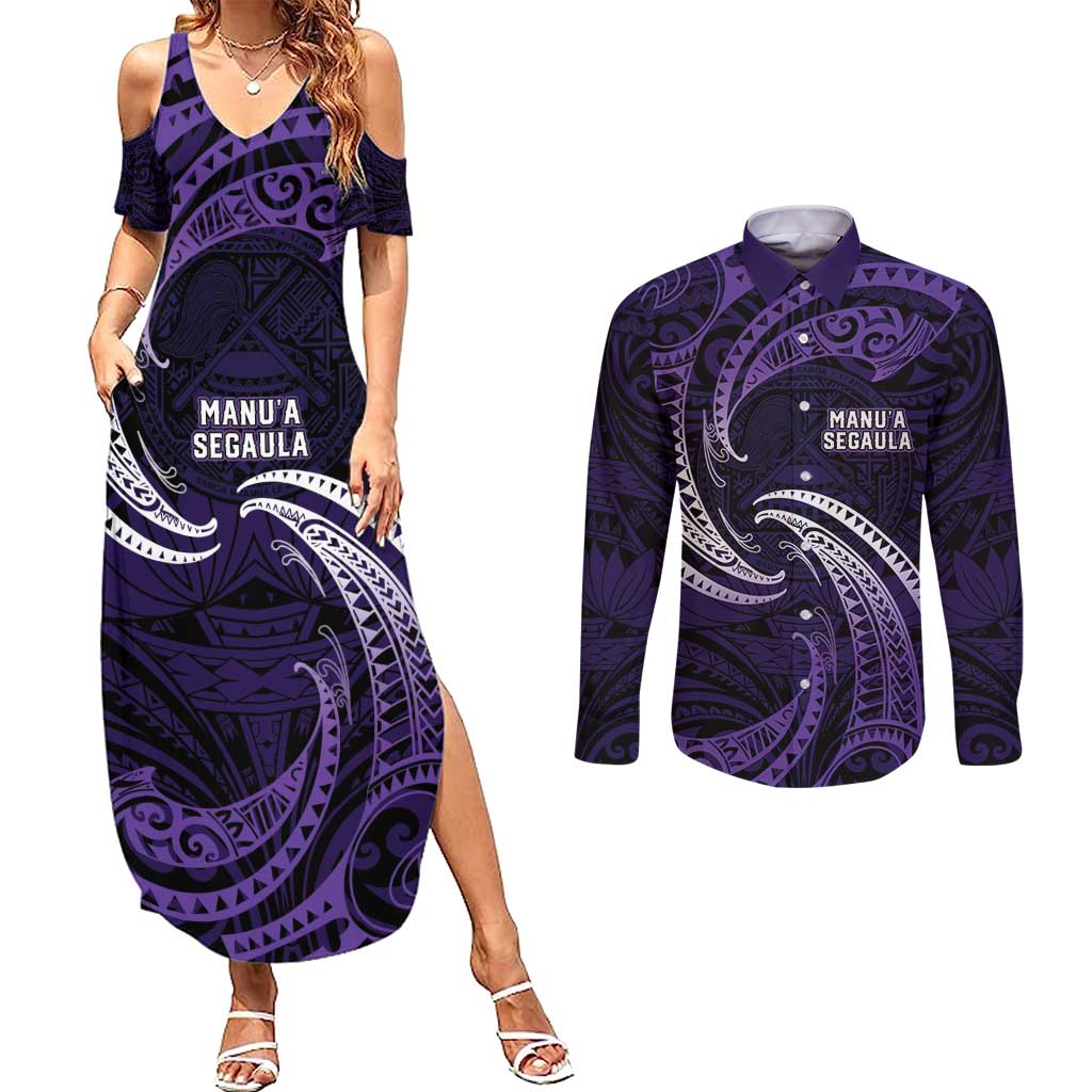 Manua Segaula American Samoa High School Personalized Couples Matching Summer Maxi Dress and Long Sleeve Button Shirt Polynesian Wave Style LT9 Purple - Polynesian Pride