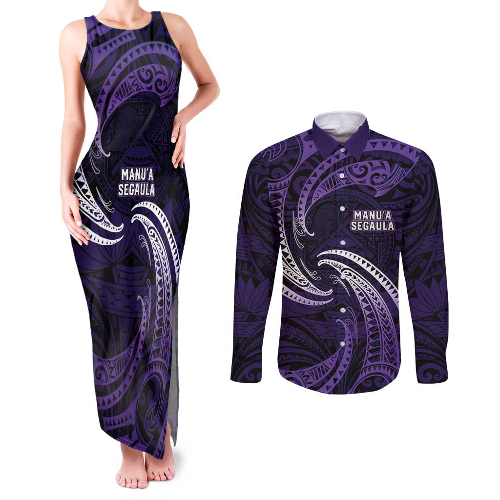 Manua Segaula American Samoa High School Personalized Couples Matching Tank Maxi Dress and Long Sleeve Button Shirt Polynesian Wave Style LT9 Purple - Polynesian Pride