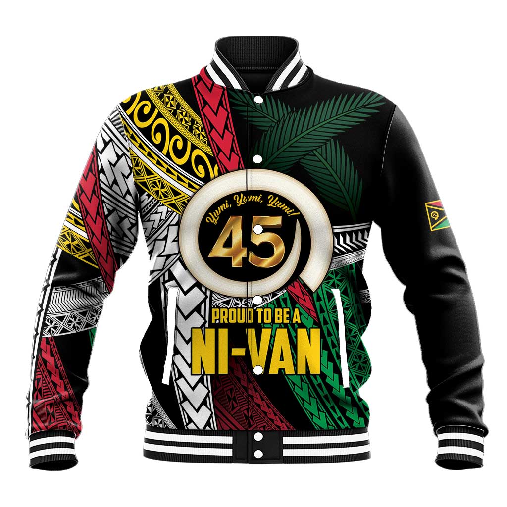 Ni-Van Vanuatu 45th Yumi Yumi Yumi Baseball Jacket Vanuatuan Boar Tusk Polynesian Pattern LT9 Unisex Black - Polynesian Pride