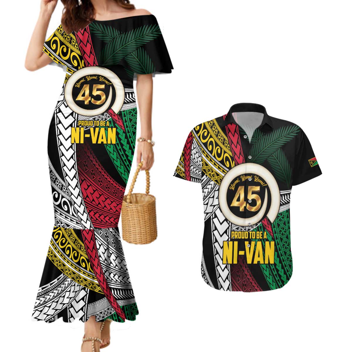 Ni-Van Vanuatu 45th Yumi Yumi Yumi Couples Matching Mermaid Dress and Hawaiian Shirt Vanuatuan Boar Tusk Polynesian Pattern LT9 Black - Polynesian Pride