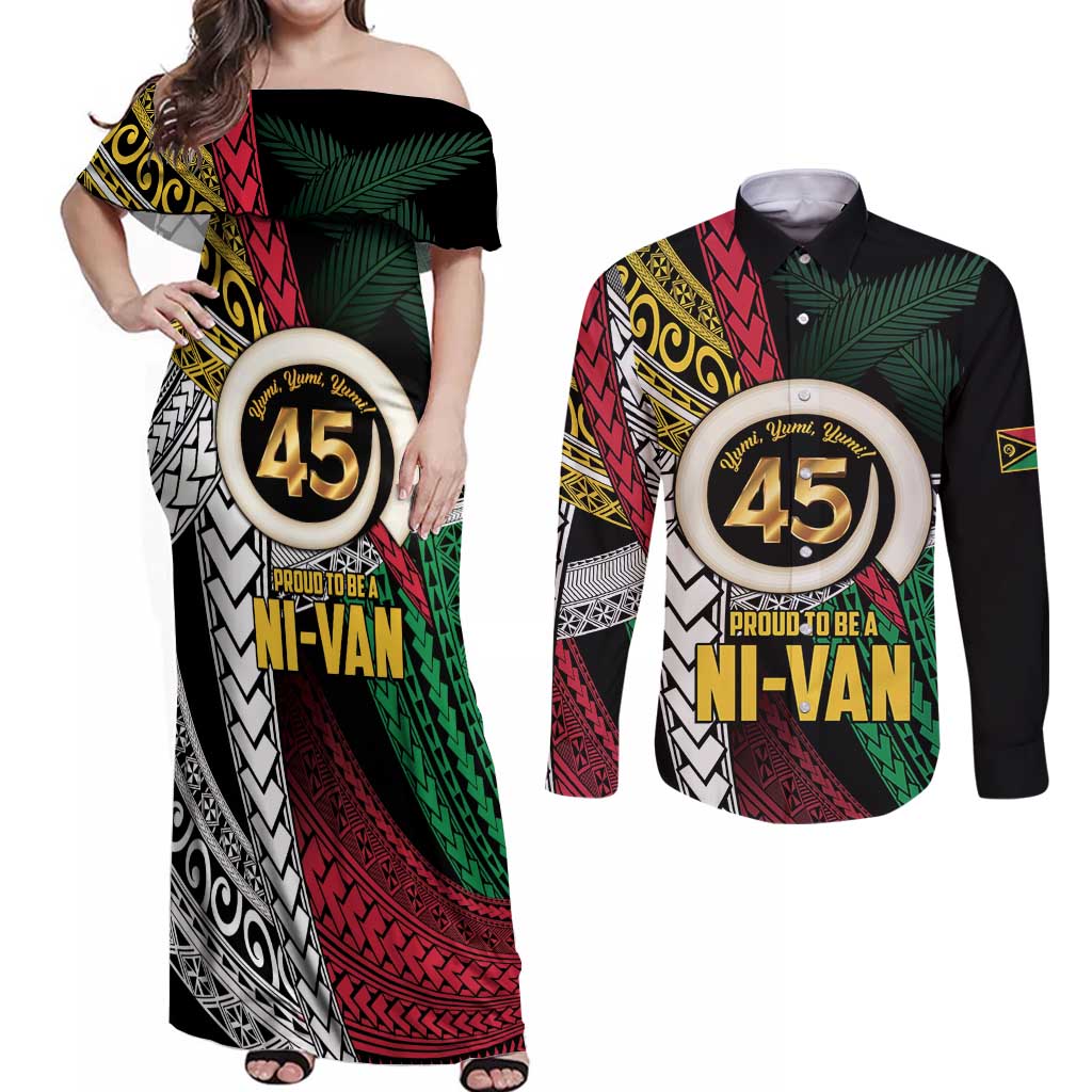 Ni-Van Vanuatu 45th Yumi Yumi Yumi Couples Matching Off Shoulder Maxi Dress and Long Sleeve Button Shirt Vanuatuan Boar Tusk Polynesian Pattern LT9 Black - Polynesian Pride
