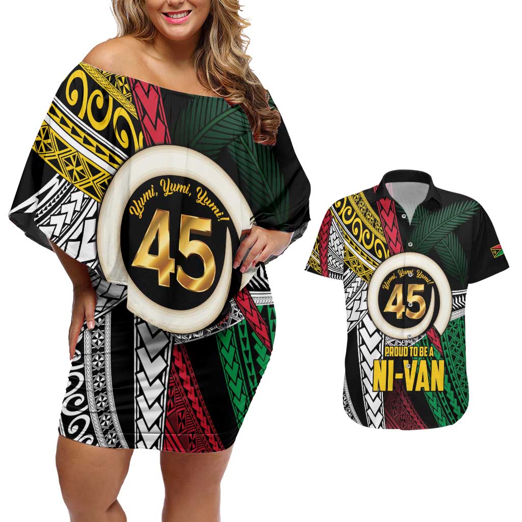 Ni-Van Vanuatu 45th Yumi Yumi Yumi Couples Matching Off Shoulder Short Dress and Hawaiian Shirt Vanuatuan Boar Tusk Polynesian Pattern