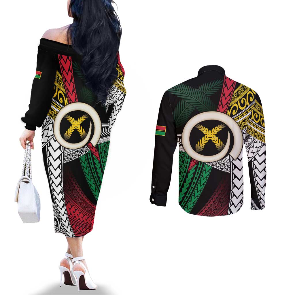 Ni-Van Vanuatu 45th Yumi Yumi Yumi Couples Matching Off The Shoulder Long Sleeve Dress and Long Sleeve Button Shirt Vanuatuan Boar Tusk Polynesian Pattern