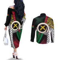 Ni-Van Vanuatu 45th Yumi Yumi Yumi Couples Matching Off The Shoulder Long Sleeve Dress and Long Sleeve Button Shirt Vanuatuan Boar Tusk Polynesian Pattern