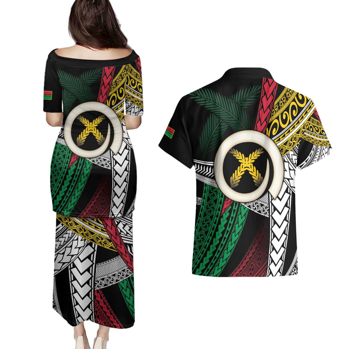 Ni-Van Vanuatu 45th Yumi Yumi Yumi Couples Matching Puletasi and Hawaiian Shirt Vanuatuan Boar Tusk Polynesian Pattern