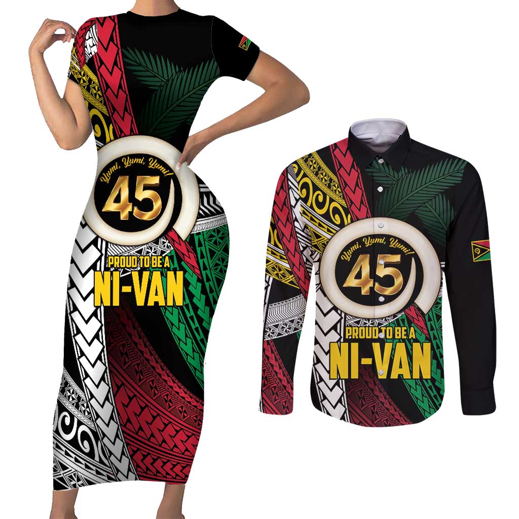 Ni-Van Vanuatu 45th Yumi Yumi Yumi Couples Matching Short Sleeve Bodycon Dress and Long Sleeve Button Shirt Vanuatuan Boar Tusk Polynesian Pattern LT9 Black - Polynesian Pride