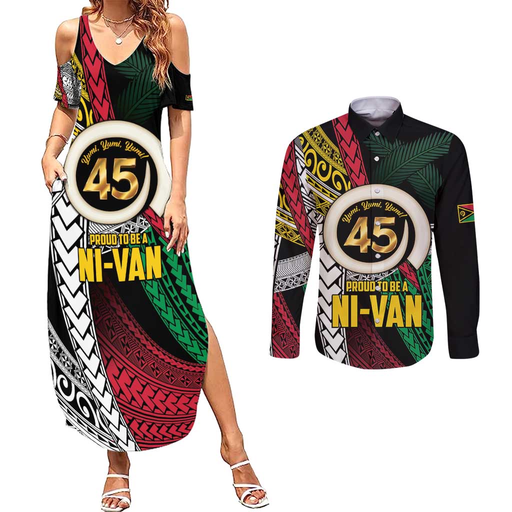 Ni-Van Vanuatu 45th Yumi Yumi Yumi Couples Matching Summer Maxi Dress and Long Sleeve Button Shirt Vanuatuan Boar Tusk Polynesian Pattern LT9 Black - Polynesian Pride