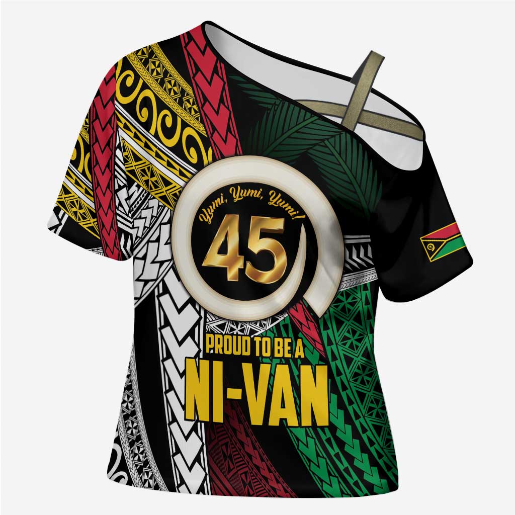 Ni-Van Vanuatu 45th Yumi Yumi Yumi Cross Shoulder Shirt Vanuatuan Boar Tusk Polynesian Pattern LT9 Female Black - Polynesian Pride