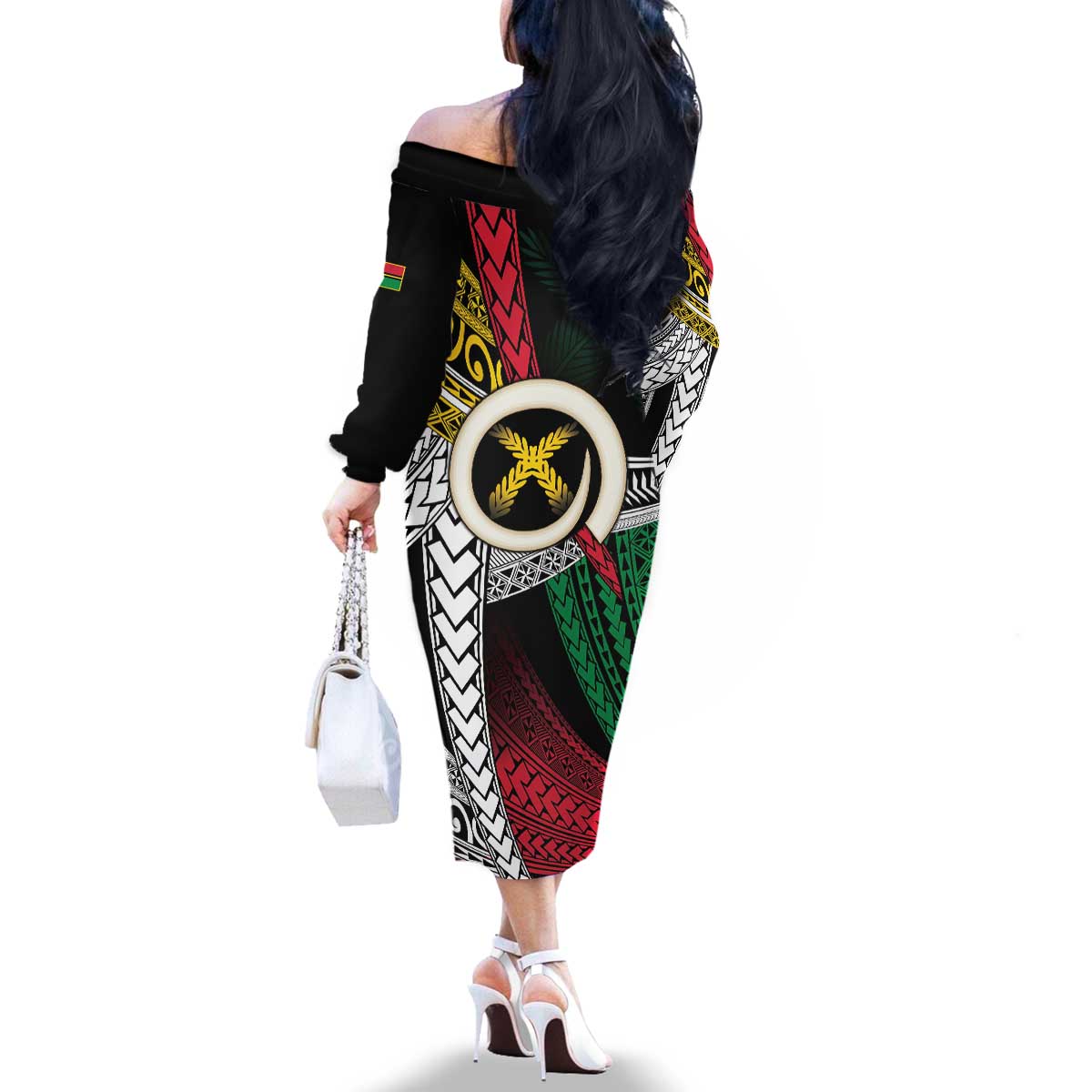 Ni-Van Vanuatu 45th Yumi Yumi Yumi Family Matching Off The Shoulder Long Sleeve Dress and Hawaiian Shirt Vanuatuan Boar Tusk Polynesian Pattern