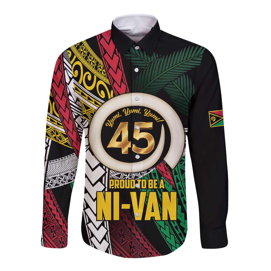 Ni-Van Vanuatu 45th Yumi Yumi Yumi Long Sleeve Button Shirt Vanuatuan Boar Tusk Polynesian Pattern LT9 Unisex Black - Polynesian Pride