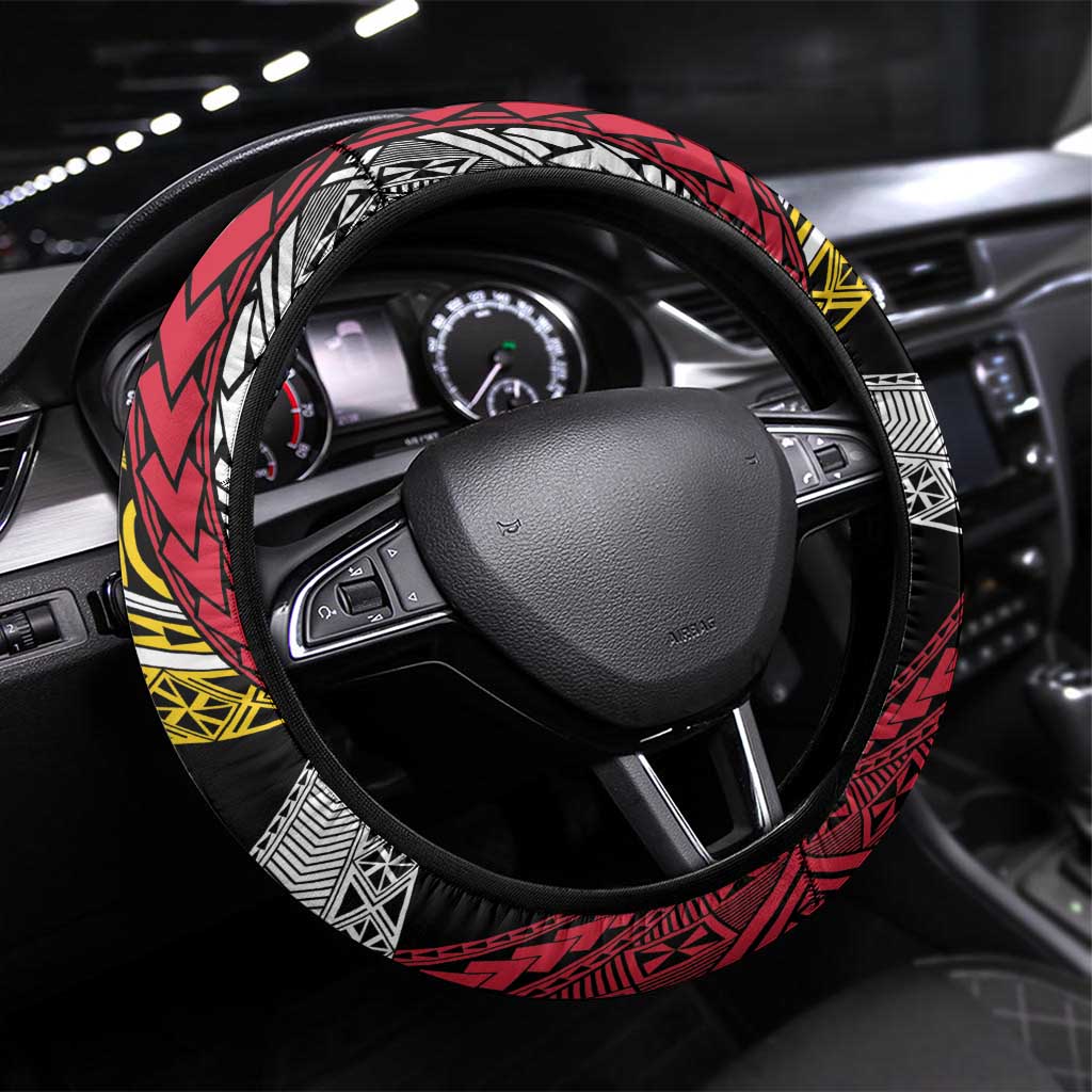 Ni-Van Vanuatu 45th Yumi Yumi Yumi Steering Wheel Cover Vanuatuan Boar Tusk Polynesian Pattern LT9 Universal Fit Black - Polynesian Pride