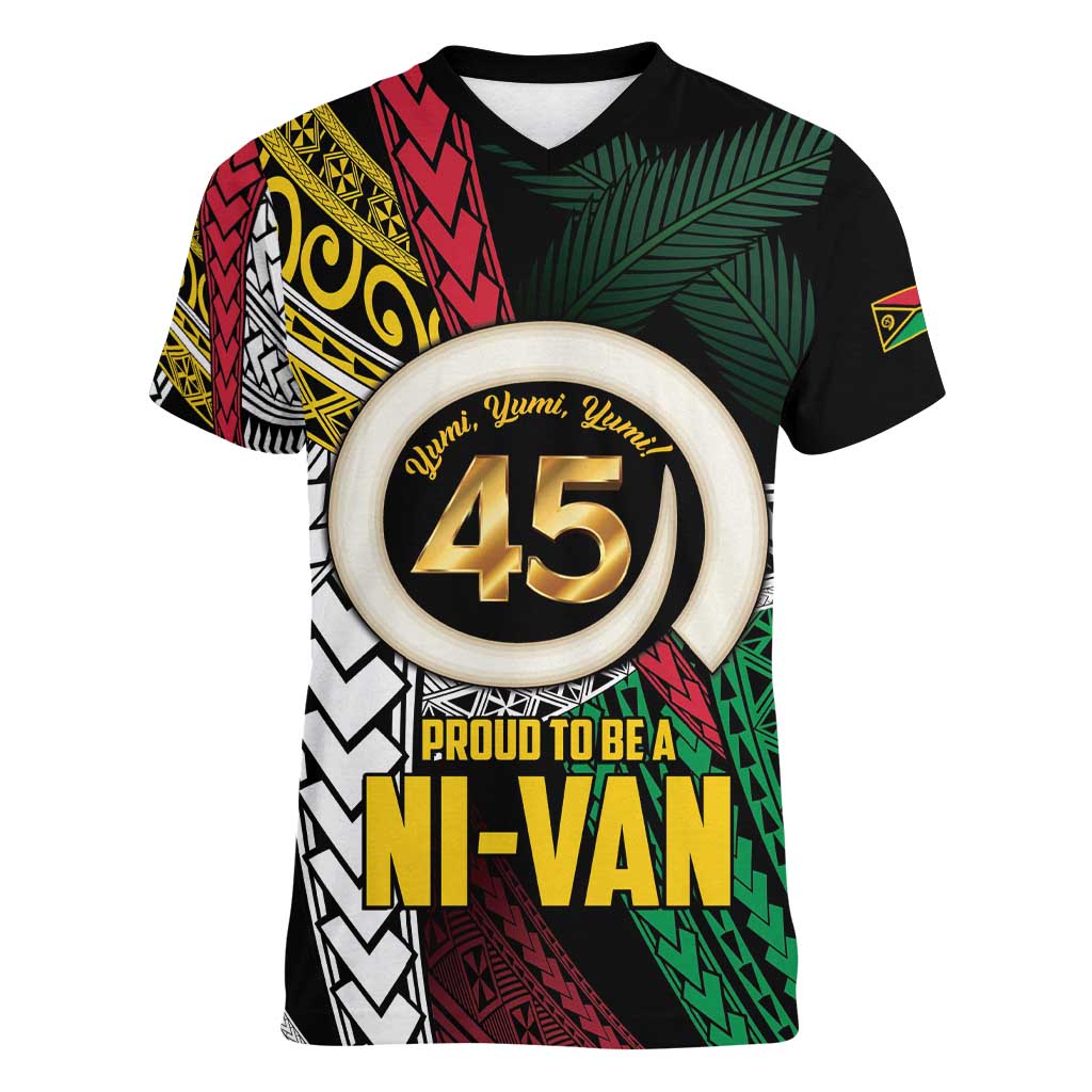 Ni-Van Vanuatu 45th Yumi Yumi Yumi Women V-Neck T-Shirt Vanuatuan Boar Tusk Polynesian Pattern