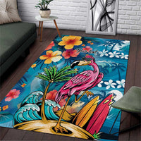 Hawaiian Flamingo Hibiscus Personalised Area Rug Blue Summer Tropical Flowers - Polynesian Pride