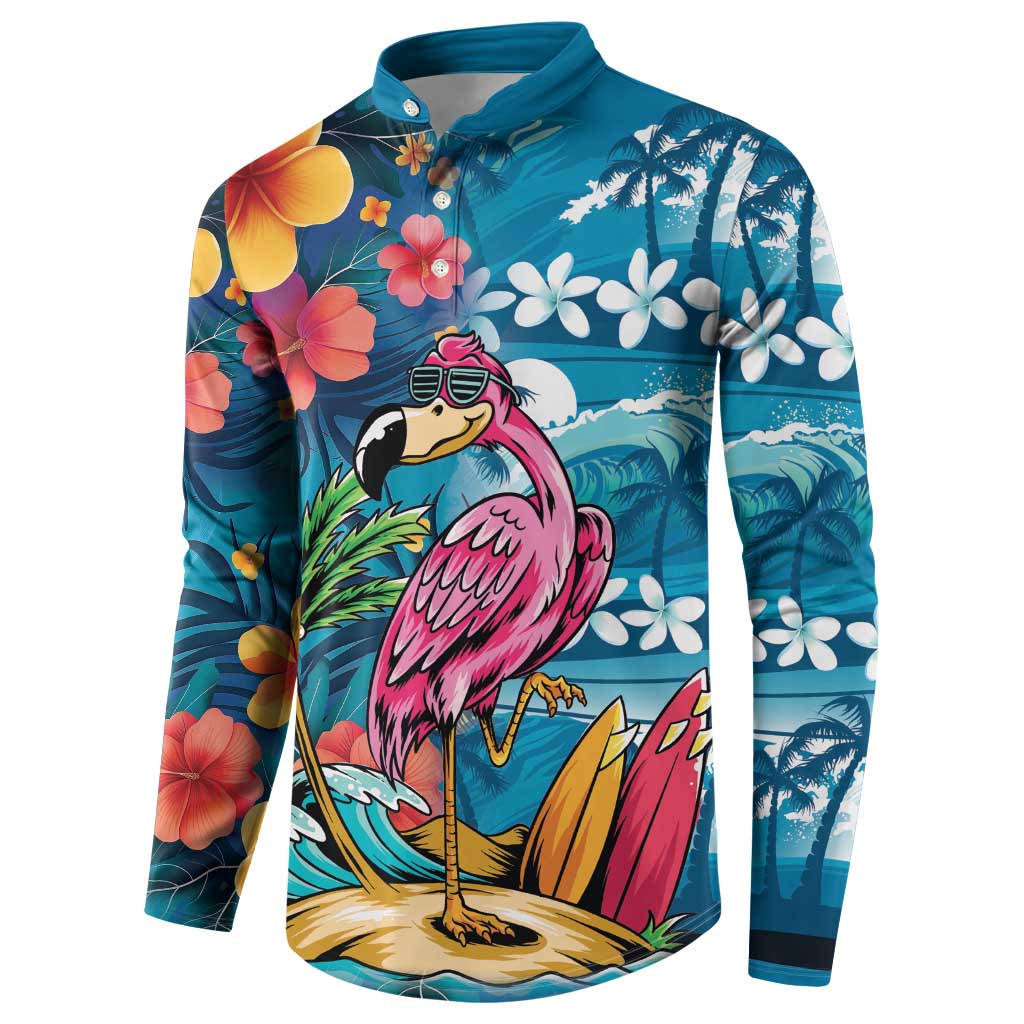 Hawaiian Flamingo Hibiscus Personalised Button Sweatshirt Blue Summer Tropical Flowers LT9 - Polynesian Pride