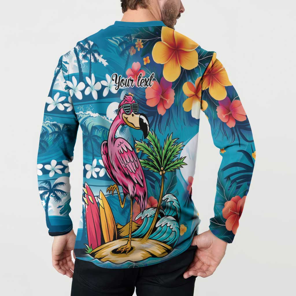 Hawaiian Flamingo Hibiscus Personalised Button Sweatshirt Blue Summer Tropical Flowers LT9 - Polynesian Pride