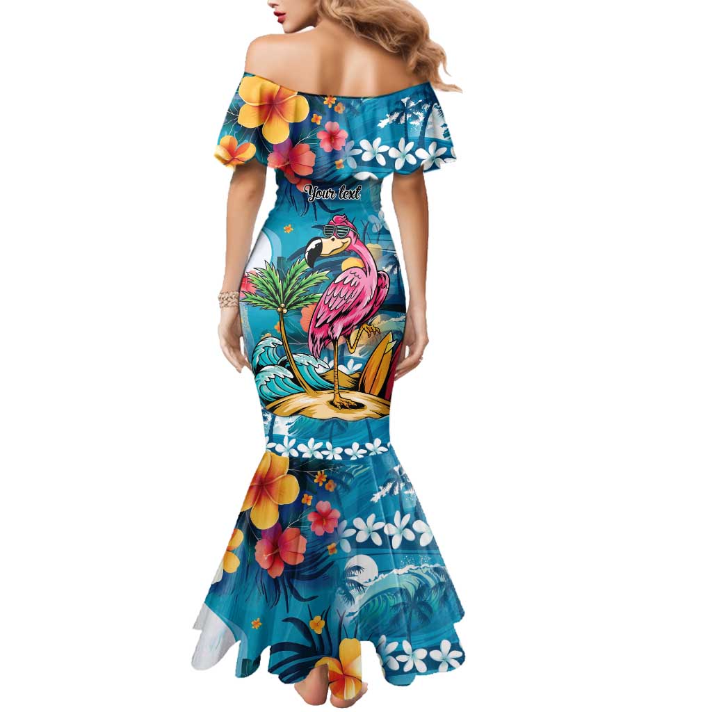 Hawaiian Flamingo Hibiscus Personalised Family Matching Mermaid Dress and Hawaiian Shirt Blue Summer Tropical Flowers - Polynesian Pride