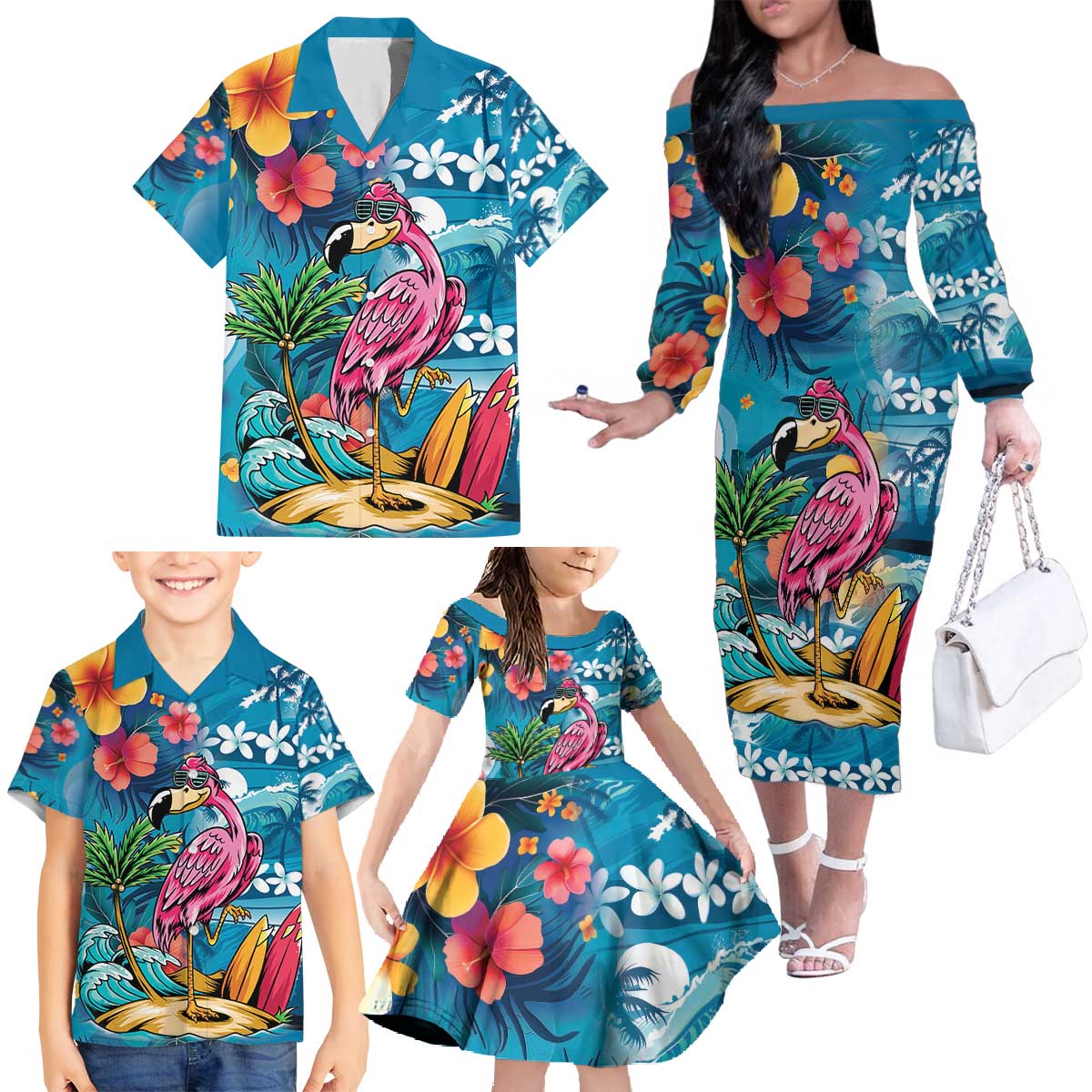 Hawaiian Flamingo Hibiscus Personalised Family Matching Off The Shoulder Long Sleeve Dress and Hawaiian Shirt Blue Summer Tropical Flowers LT9 - Polynesian Pride