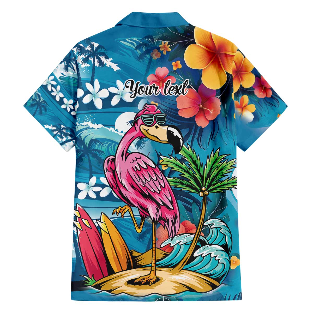 Hawaiian Flamingo Hibiscus Personalised Family Matching Off The Shoulder Long Sleeve Dress and Hawaiian Shirt Blue Summer Tropical Flowers - Polynesian Pride