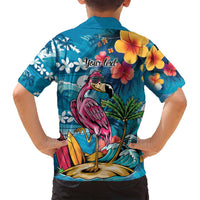 Hawaiian Flamingo Hibiscus Personalised Family Matching Off Shoulder Maxi Dress and Hawaiian Shirt Blue Summer Tropical Flowers - Polynesian Pride