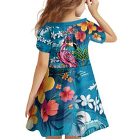 Hawaiian Flamingo Hibiscus Personalised Family Matching Off Shoulder Short Dress and Hawaiian Shirt Blue Summer Tropical Flowers - Polynesian Pride