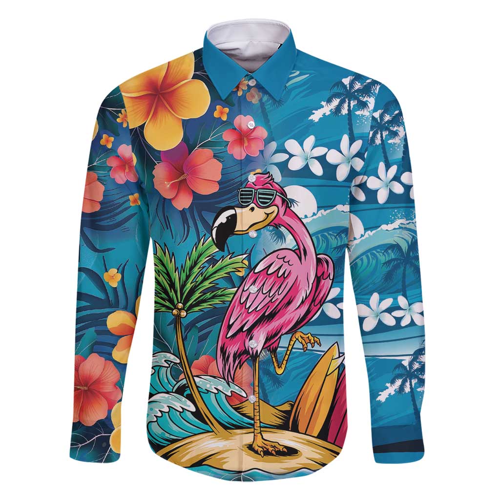 Hawaiian Flamingo Hibiscus Personalised Family Matching Off Shoulder Short Dress and Hawaiian Shirt Blue Summer Tropical Flowers - Polynesian Pride
