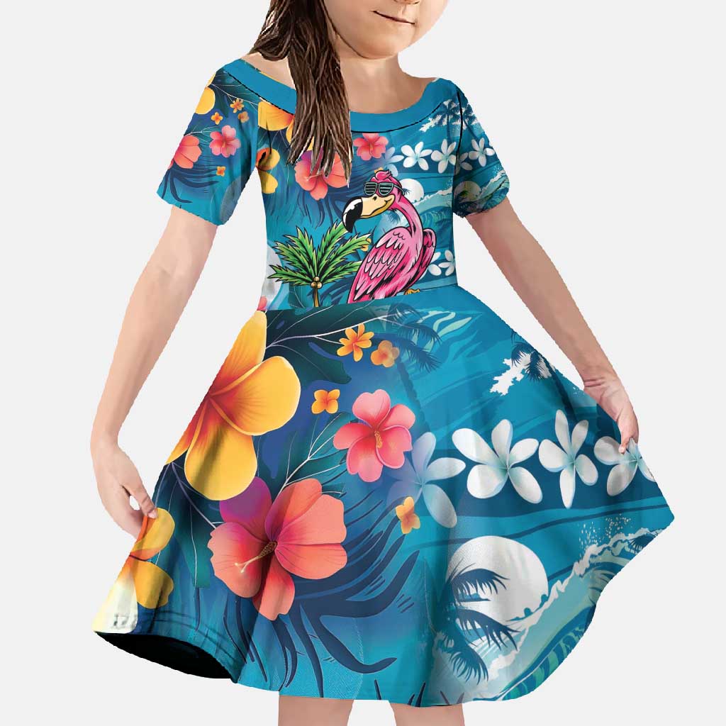 Hawaiian Flamingo Hibiscus Personalised Family Matching Tank Maxi Dress and Hawaiian Shirt Blue Summer Tropical Flowers - Polynesian Pride
