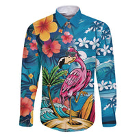 Hawaiian Flamingo Hibiscus Personalised Family Matching Tank Maxi Dress and Hawaiian Shirt Blue Summer Tropical Flowers - Polynesian Pride