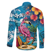 Hawaiian Flamingo Hibiscus Personalised Family Matching Tank Maxi Dress and Hawaiian Shirt Blue Summer Tropical Flowers - Polynesian Pride