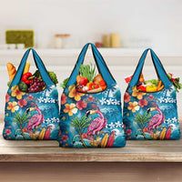 Hawaiian Flamingo Hibiscus Personalised Grocery Bag Blue Summer Tropical Flowers LT9 3-pack One Size Blue - Polynesian Pride