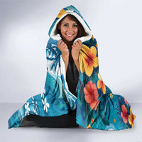 Hawaiian Flamingo Hibiscus Personalised Hooded Blanket Blue Summer Tropical Flowers - Polynesian Pride