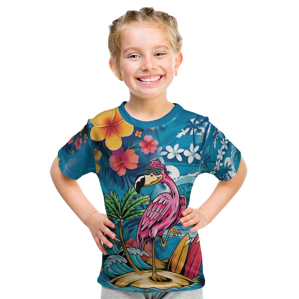 Hawaiian Flamingo Hibiscus Personalised Kid T Shirt Blue Summer Tropical Flowers - Polynesian Pride