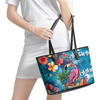 Hawaiian Flamingo Hibiscus Personalised Leather Tote Bag Blue Summer Tropical Flowers - Polynesian Pride